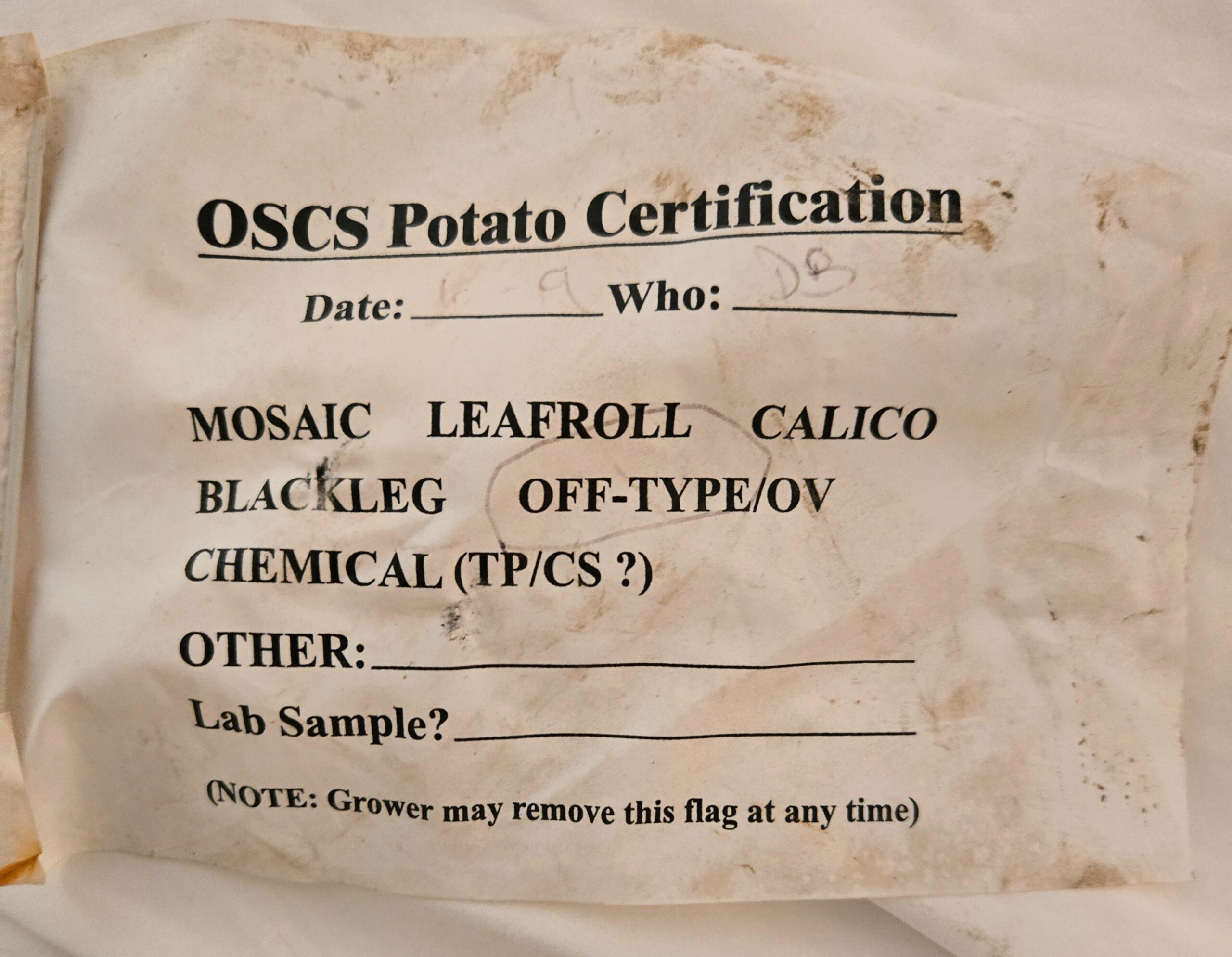 a photo of a used Oregon state seed potato certification flag.